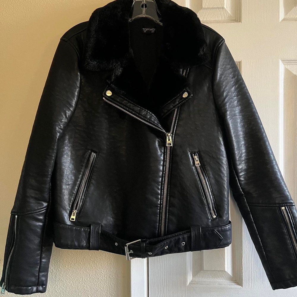 Topshop faux leather/fur trim jacket
